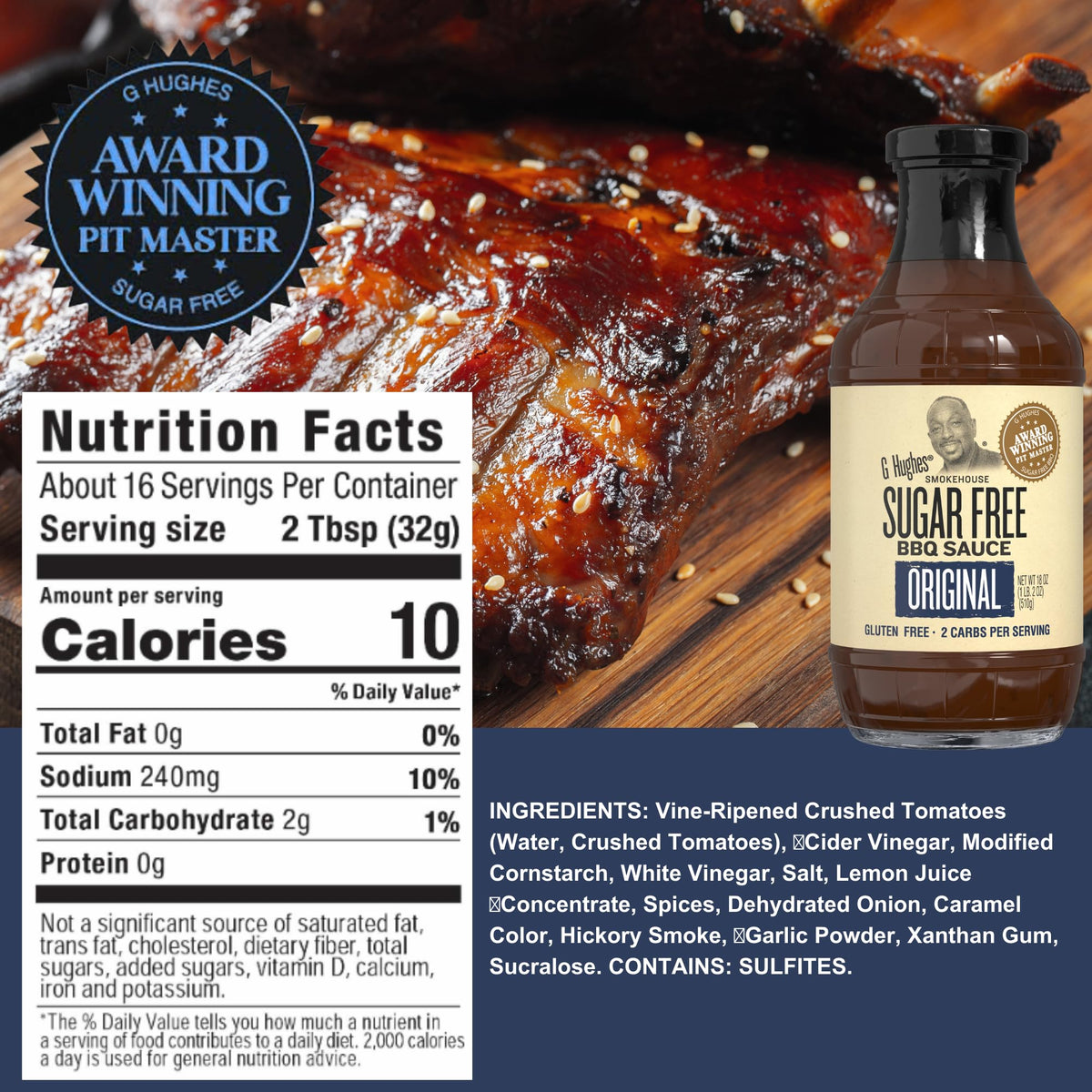 G Hughes Hickory sugar-free BBQ bottle delivers bold smoky notes on ribs.