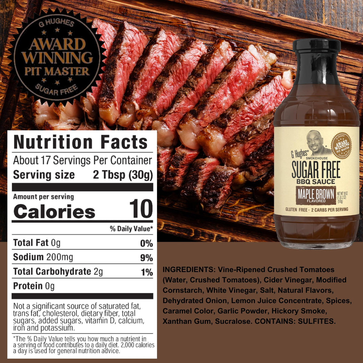 G Hughes Honey sugar-free BBQ bottle adds rich glaze for grilled meats.