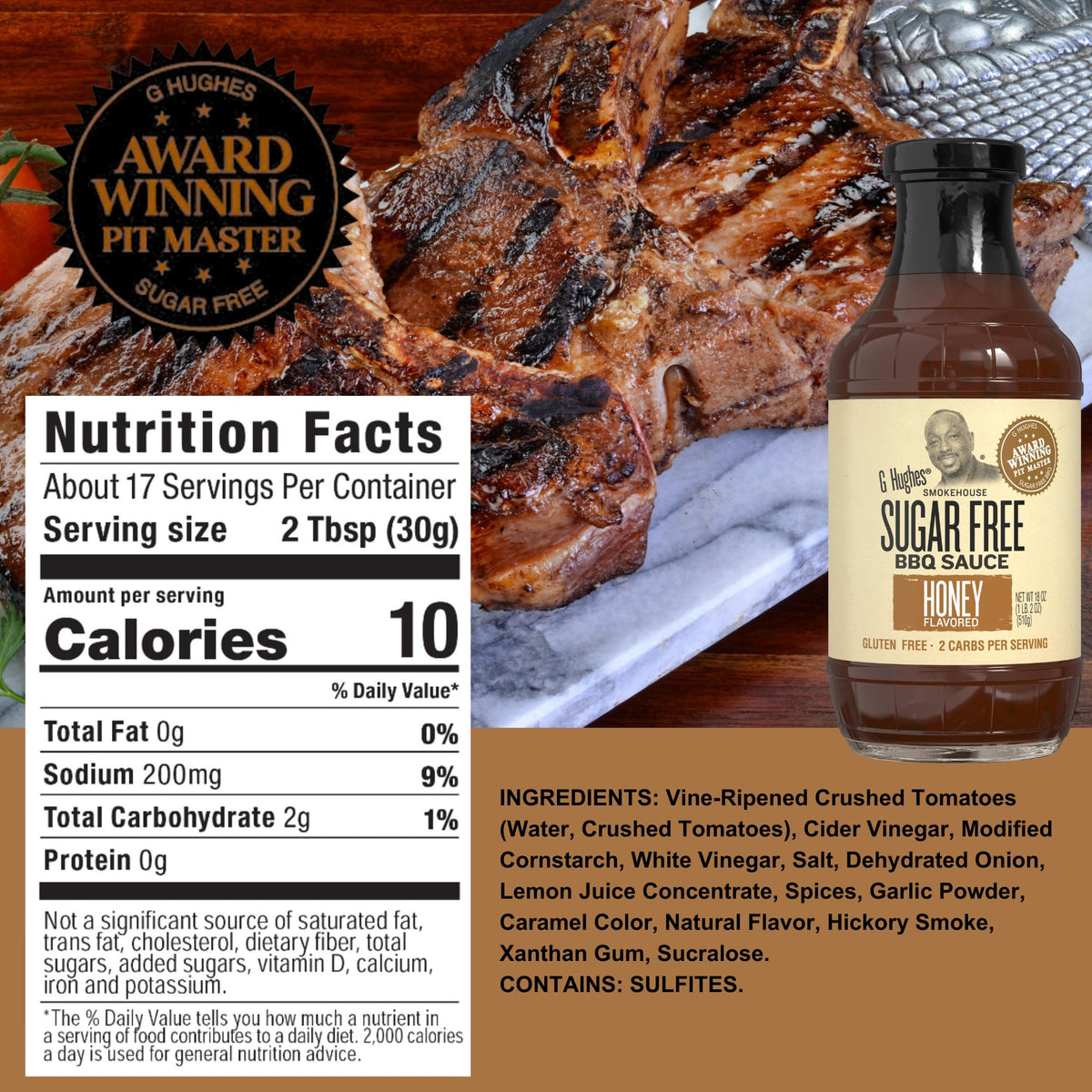 G Hughes Maple Brown sugar-free BBQ bottle provides smoky sweetness for burgers.