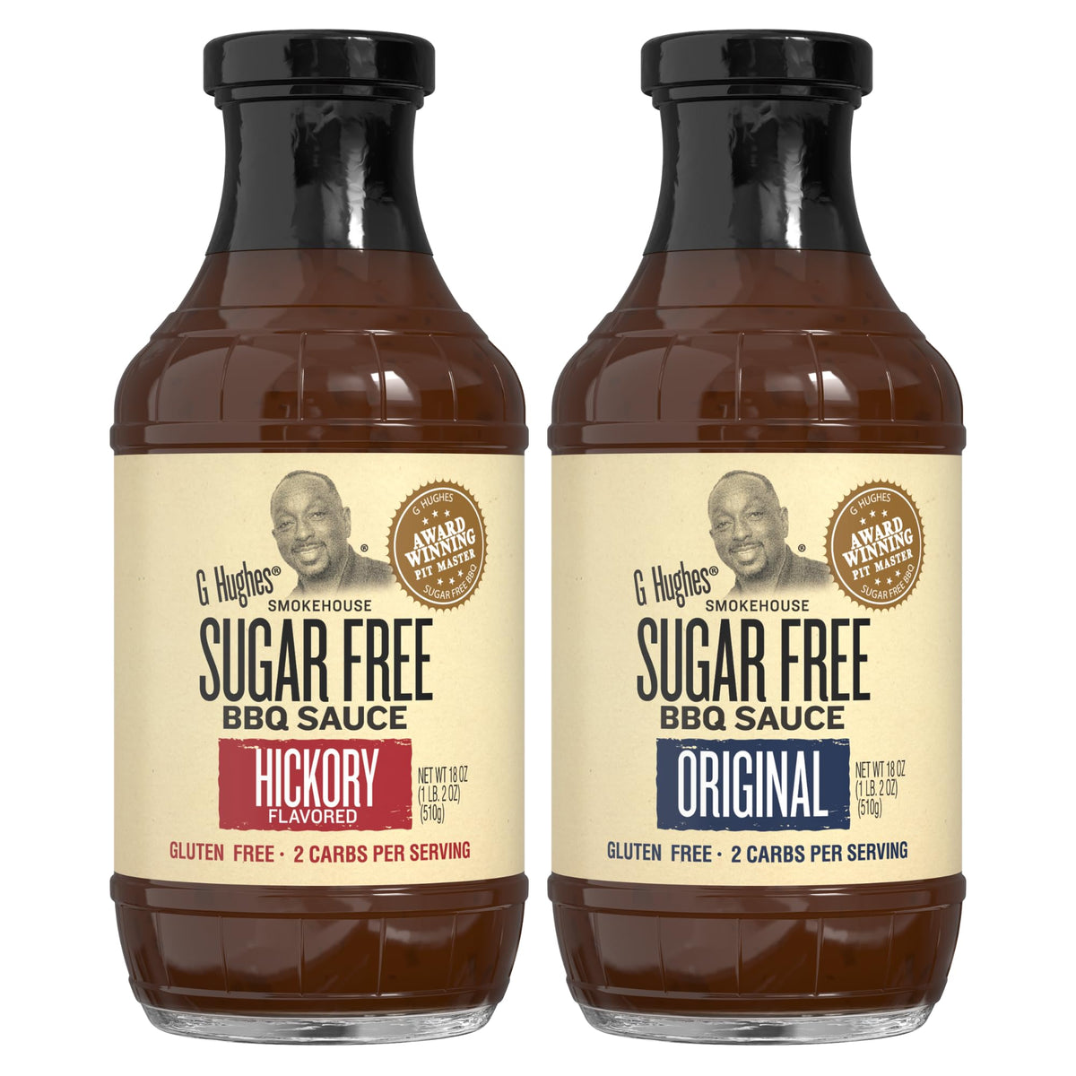 G Hughes sugar-free Hickory BBQ bottle front with gluten-free, no-sugar promise.