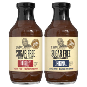 G Hughes sugar-free Hickory BBQ bottle front with gluten-free, no-sugar promise.