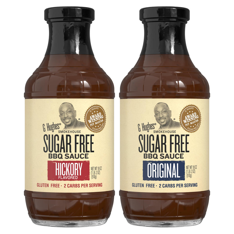 G Hughes sugar-free Hickory BBQ bottle front with gluten-free, no-sugar promise.