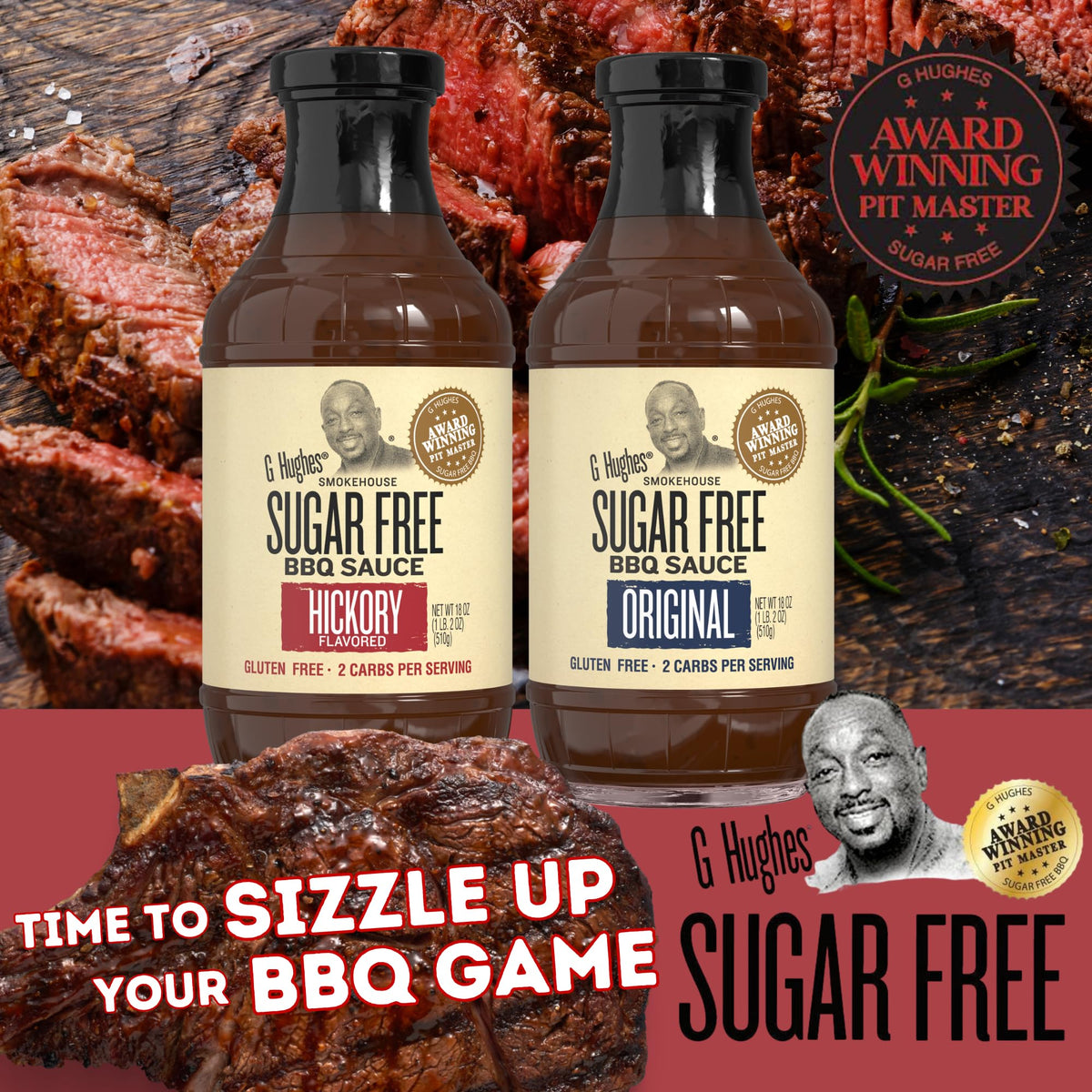 G Hughes sugar-free Original BBQ bottle front highlighting gluten-free and zero added sugar.