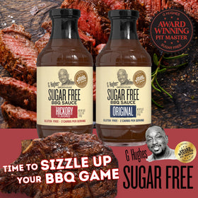 G Hughes sugar-free Original BBQ bottle front highlighting gluten-free and zero added sugar.