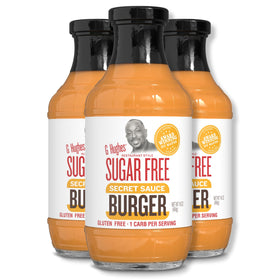 G Hughes Sugar Free Burger Secret Sauce bottle enhances burgers with bold, guilt-free flavor.