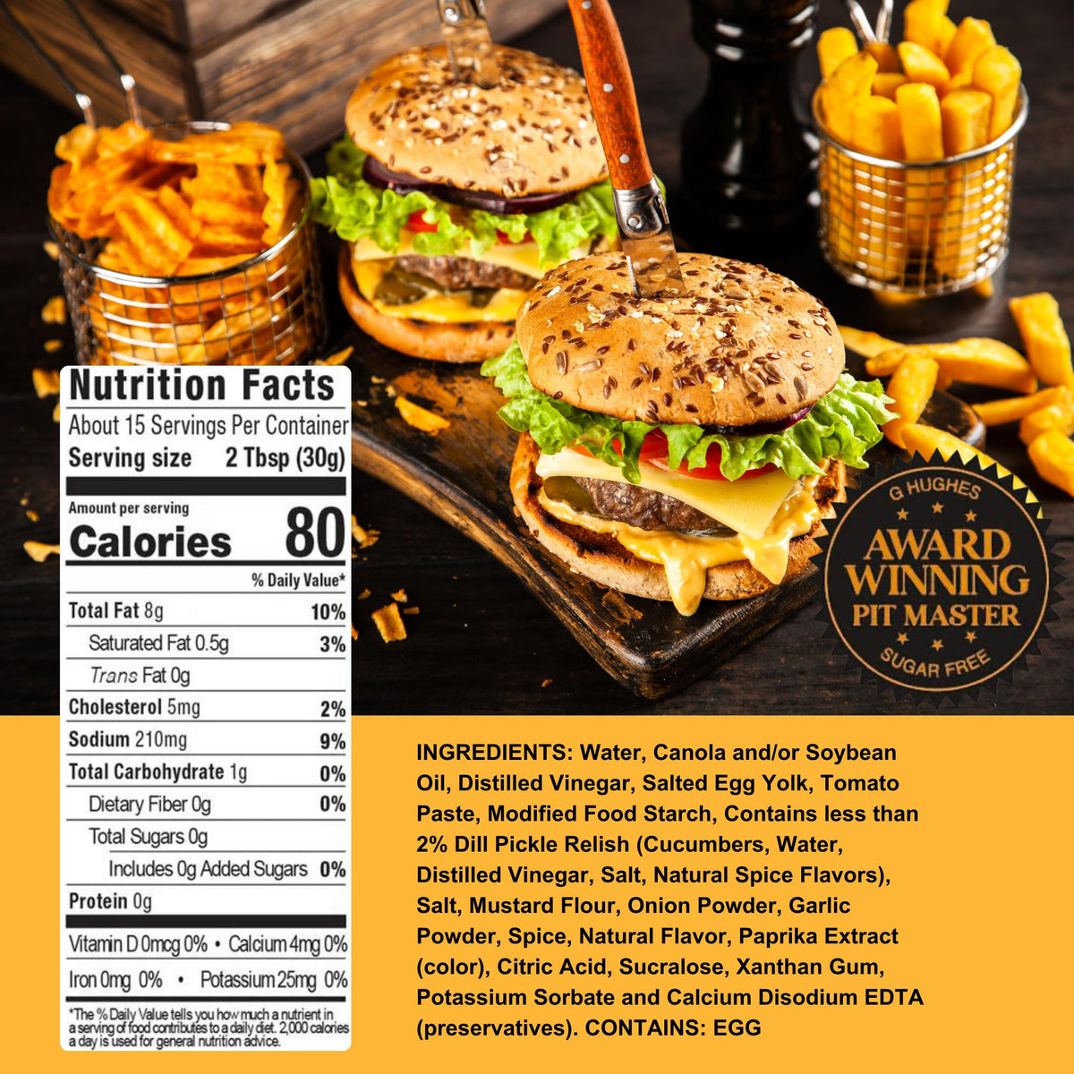G Hughes Sugar Free Burger Secret Sauce gluten-free label close-up signals safe, tasty meals.