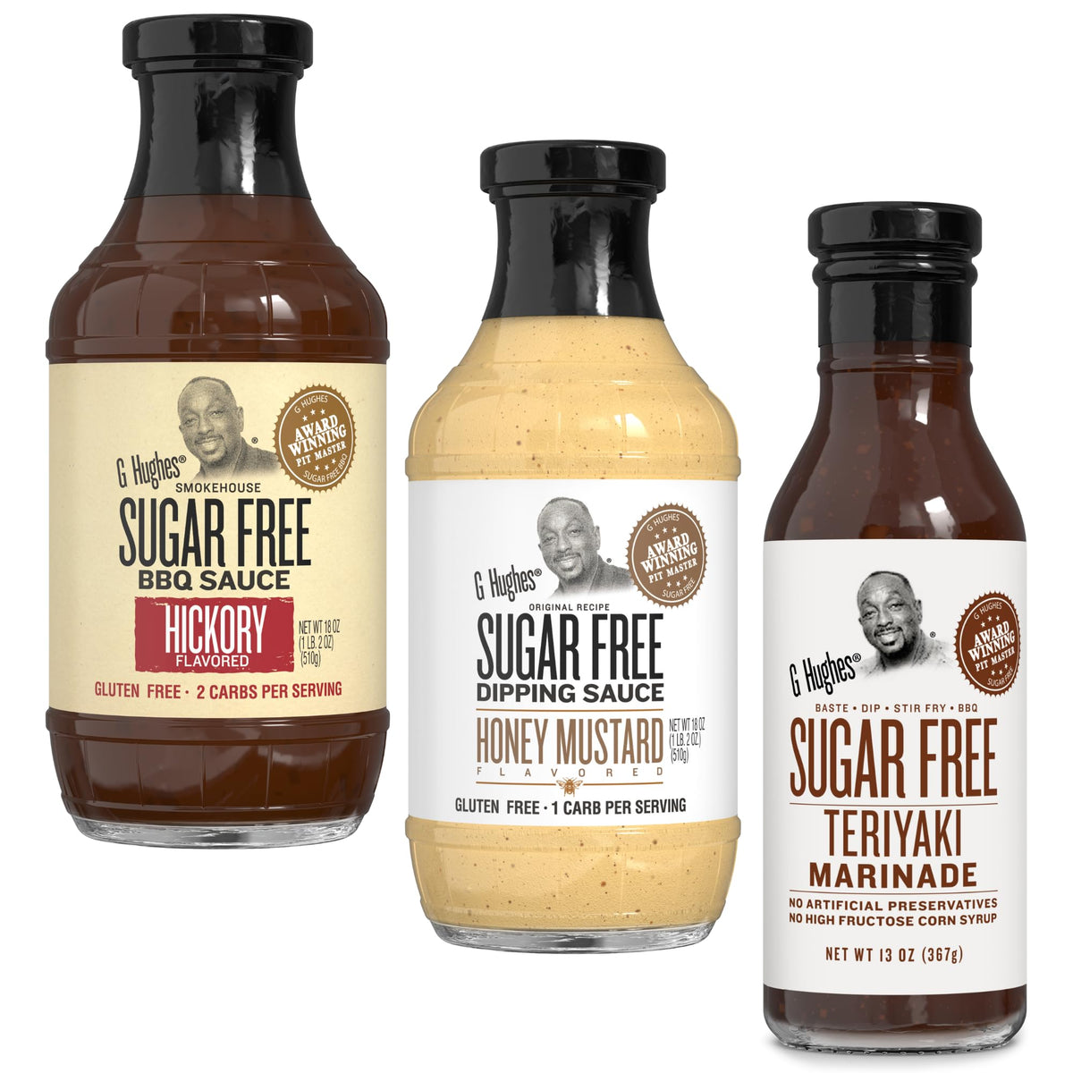 G Hughes Sugar Free Hickory BBQ sauce bottle ready for grilling.