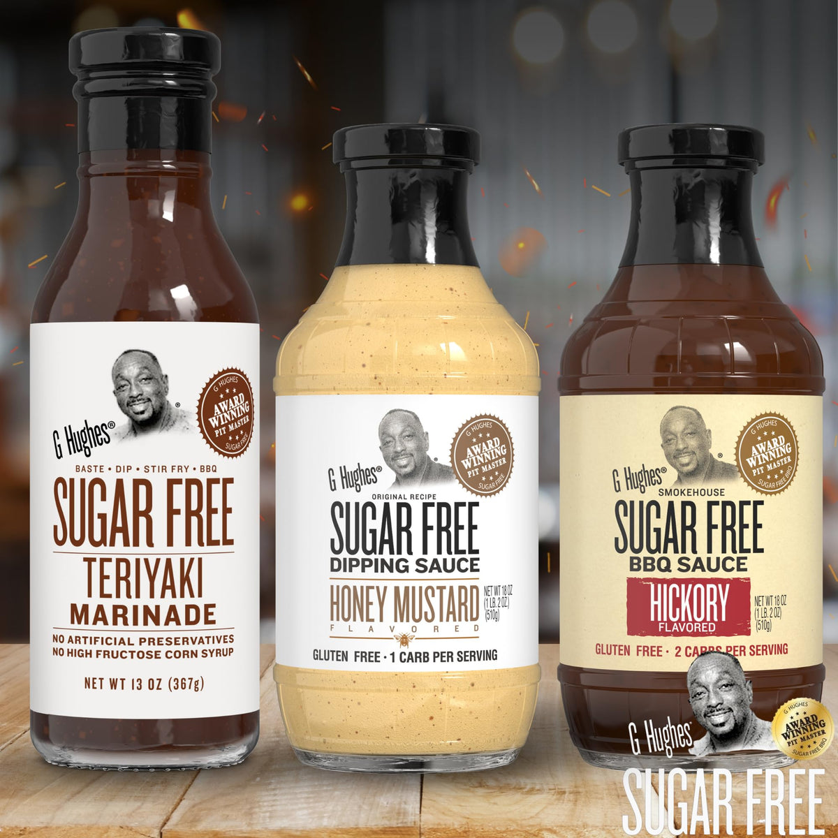 G Hughes Sugar Free Honey Mustard dipping sauce bottle ready for dipping.