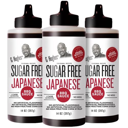 G Hughes Sugar Free Japanese BBQ sauce bottle showcases bold umami for grilling