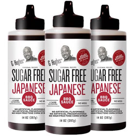 G Hughes Sugar Free Japanese BBQ sauce bottle showcases bold umami for grilling