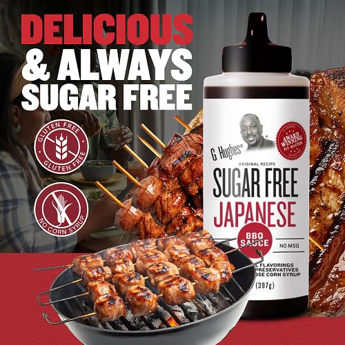 G Hughes Sugar Free Japanese BBQ sauce label highlighting gluten-free, low-cal attributes