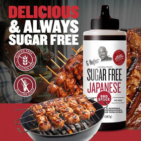 G Hughes Sugar Free Japanese BBQ sauce label highlighting gluten-free, low-cal attributes