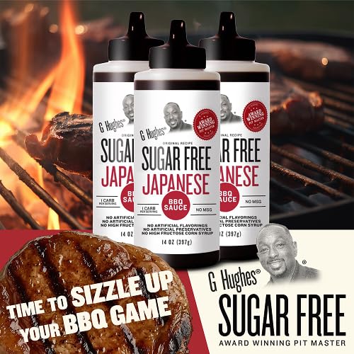 G Hughes Sugar Free Japanese BBQ sauce pour over ribs for savory glaze