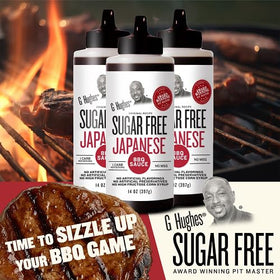 G Hughes Sugar Free Japanese BBQ sauce pour over ribs for savory glaze