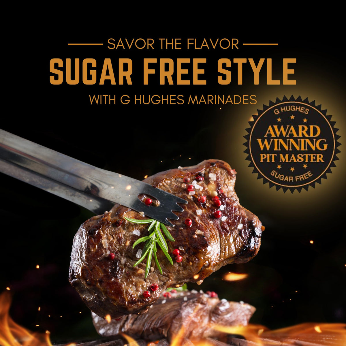 G Hughes sugar-free teriyaki bottle featured with sizzling meat and veggies