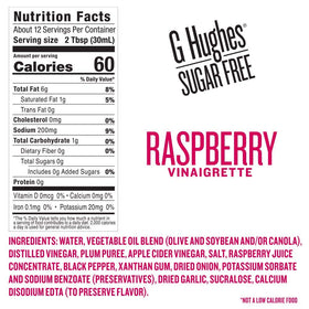 G Hughes Sugar Free Raspberry Vinaigrette label close-up showcasing gluten-free, carb-conscious dressing