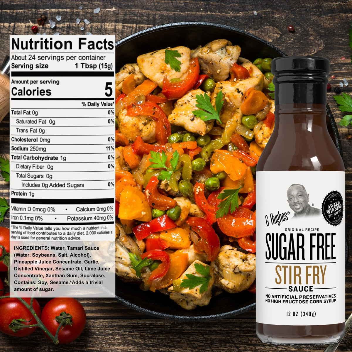G Hughes sugar-free stir-fry sauce being poured over vegetables for quick dinners
