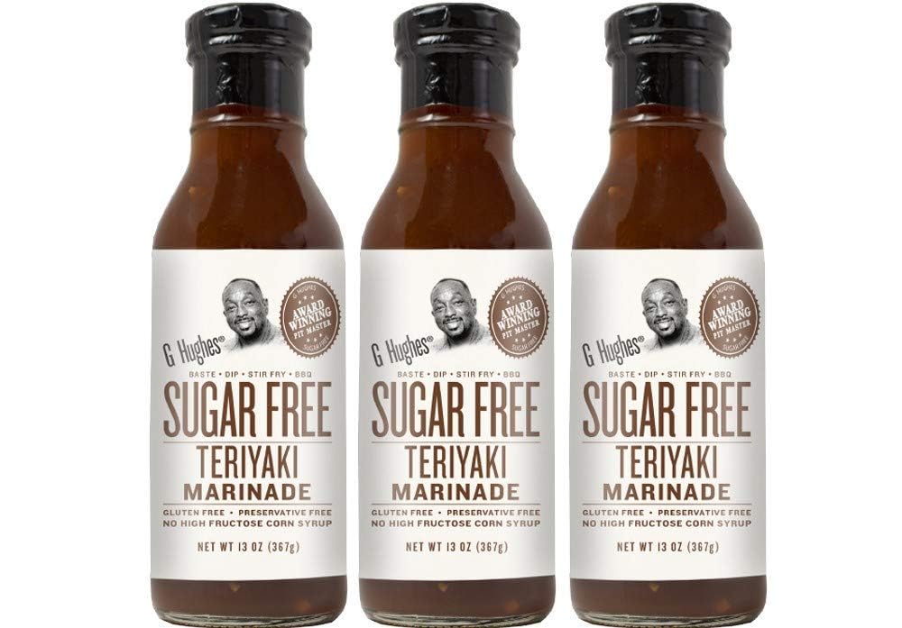 G Hughes Sugar Free Teriyaki Marinade bottle pour, ready to glaze grilled dishes with no added sugar.