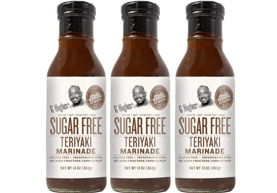 G Hughes Sugar Free Teriyaki Marinade bottle pour, ready to glaze grilled dishes with no added sugar.