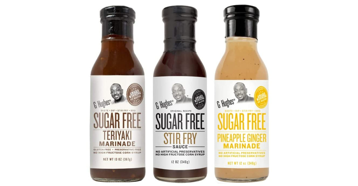 G Hughes sugar-free teriyaki stir-fry sauce bottle ready to glaze weeknight meals