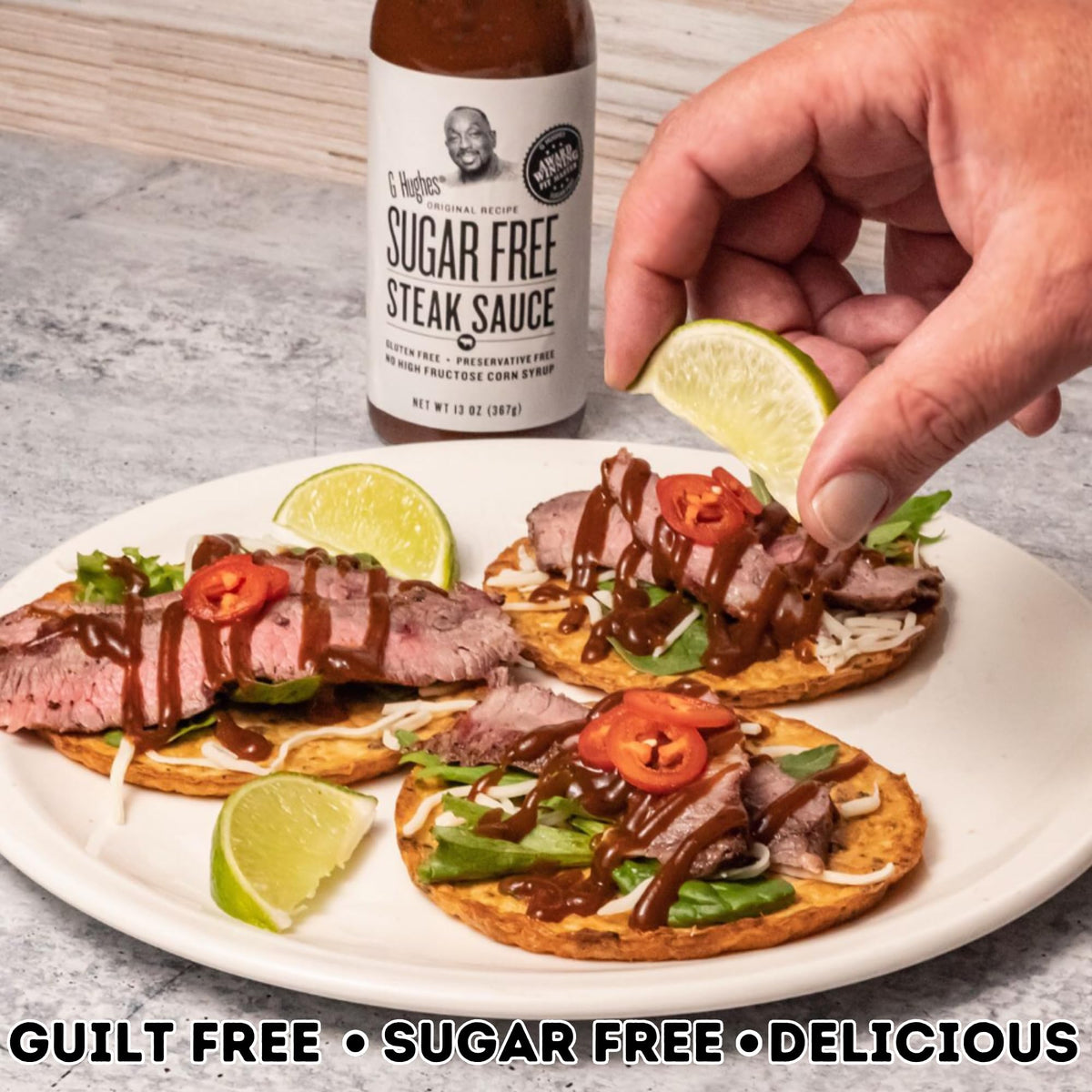 G Hughes Sugar Free BBQ Sauce bottle presents gluten-free option for dinner sauces.