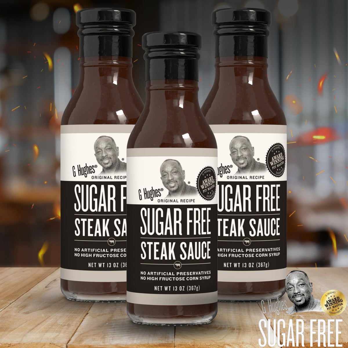 G Hughes Sugar Free Steak Sauce pour captures a glossy finish for grilled steaks.