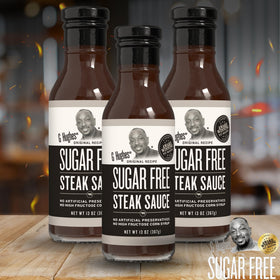 G Hughes Sugar Free Steak Sauce pour captures a glossy finish for grilled steaks.