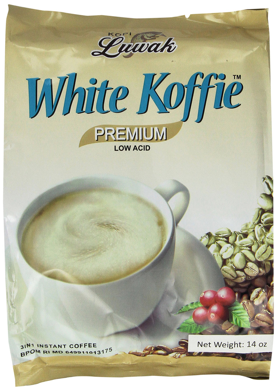 G8 Beverage LUWAK White Koffie Low Acid 3in1 sachets pack for quick, smooth coffee.