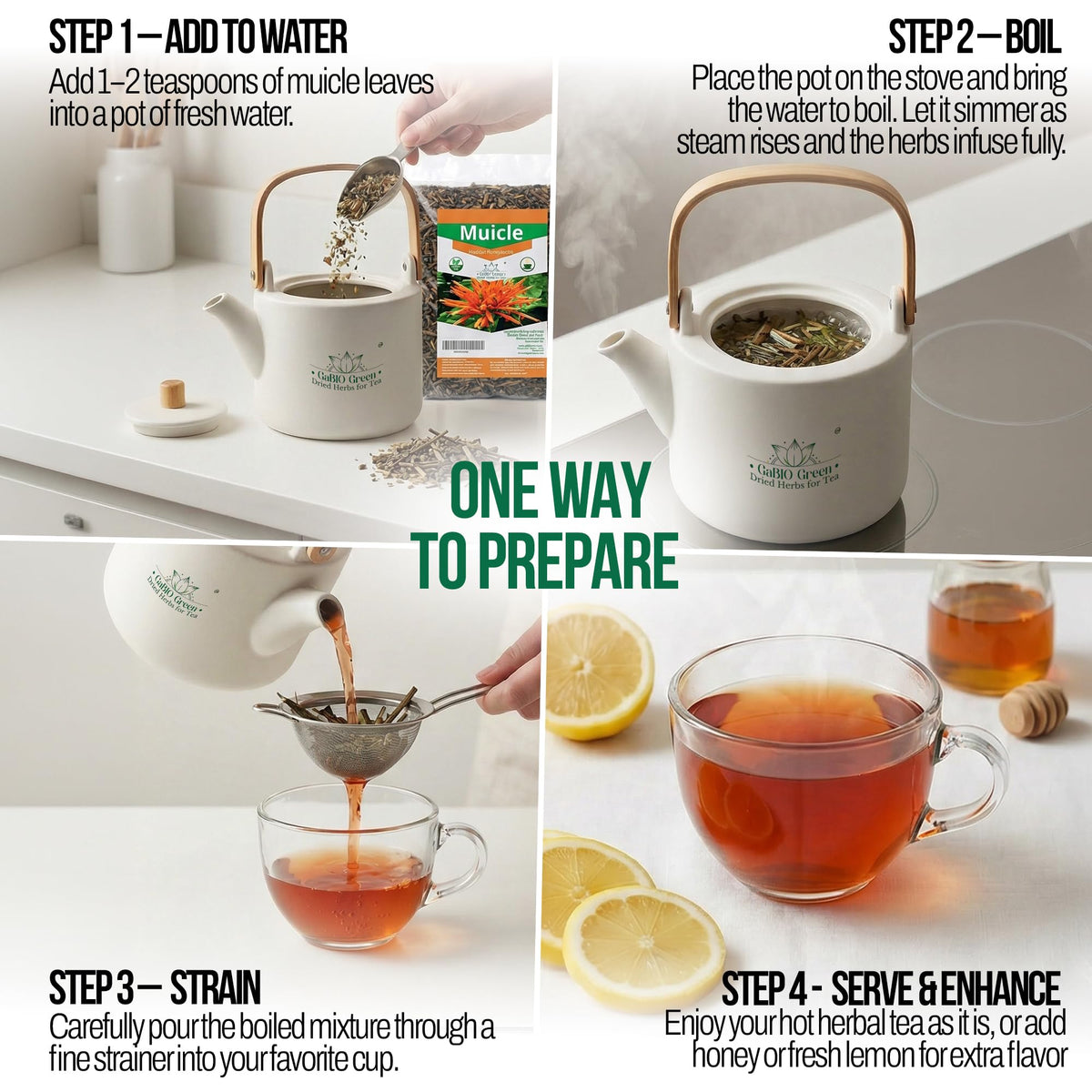 Gabio Green Muicle steeping in teapot for a smooth cup.