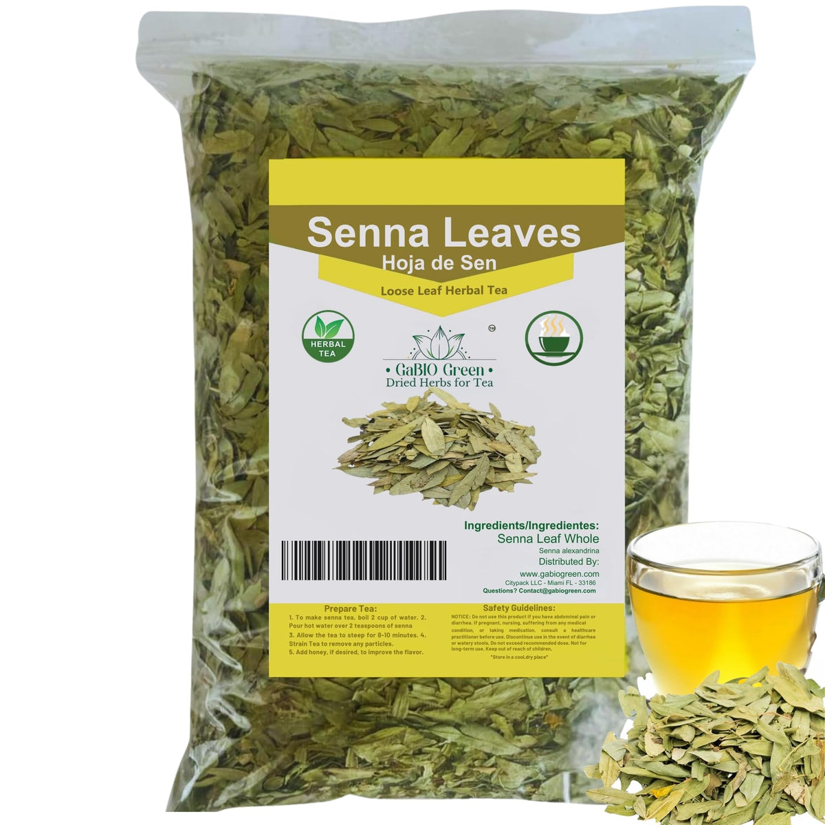 Gabio Green Senna Leaves in resealable bag retain freshness for blends