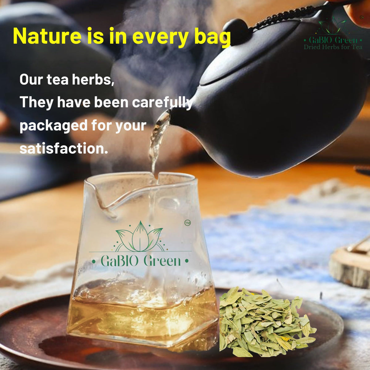 Gabio Green Senna Leaves in a basket for herbal blends