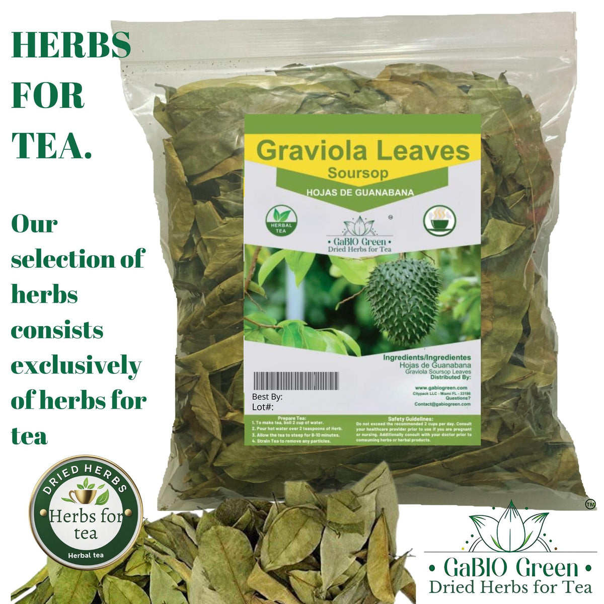 Gabio Green soursop leaves dried bulk for tea blends.