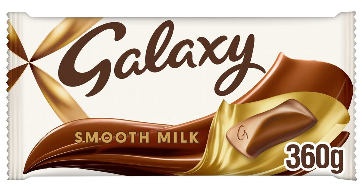 Galaxy Smooth Milk Chocolate Bar left packaging view, ideal for sharing at gatherings and movie nights.