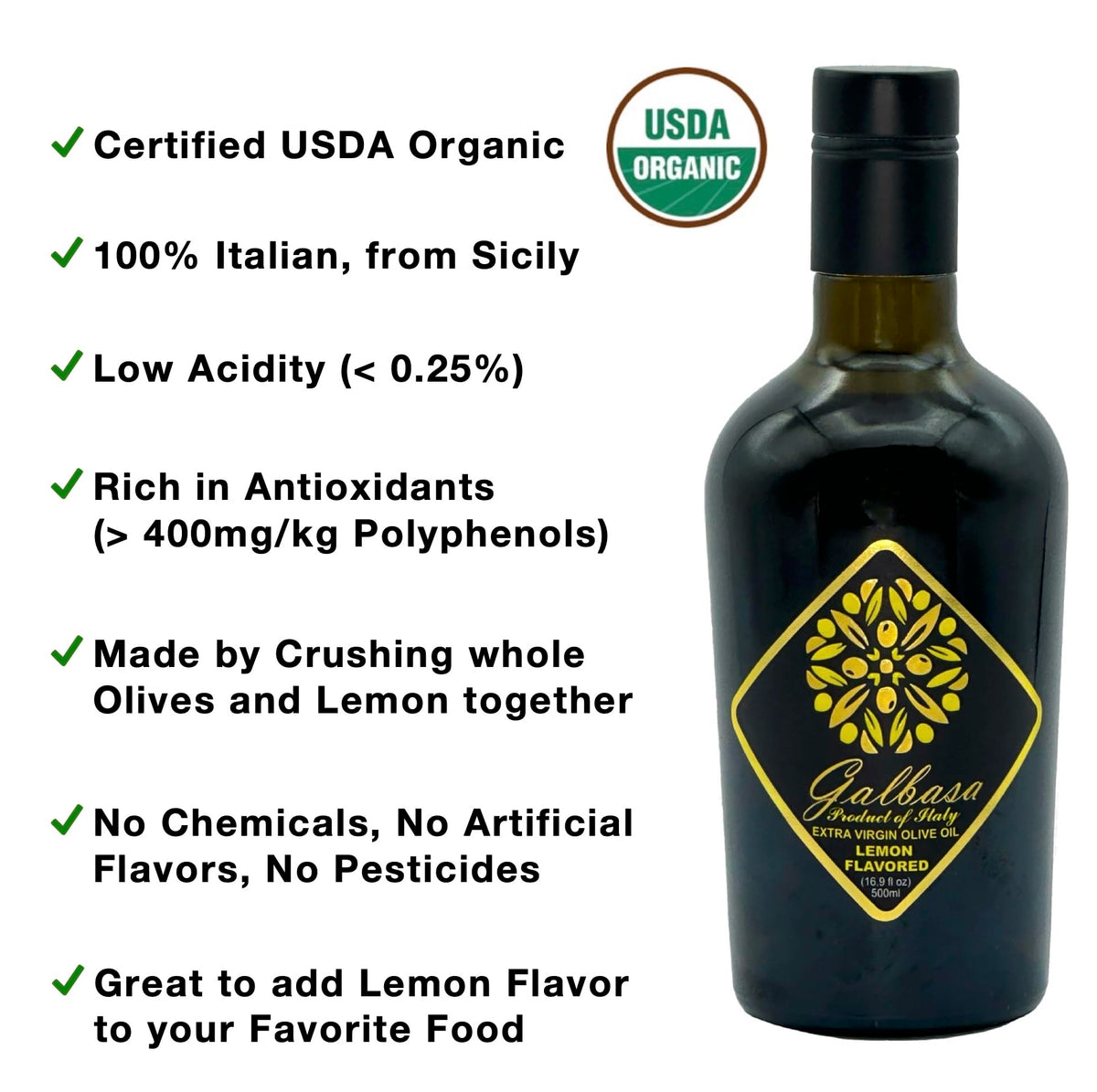 Galbasa Lemon Oil label closeup showing polyphenol-rich content and organic certification.