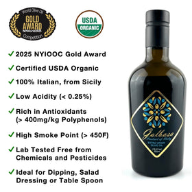 Close-up of the Galbasa olive oil label highlighting organic certification.
