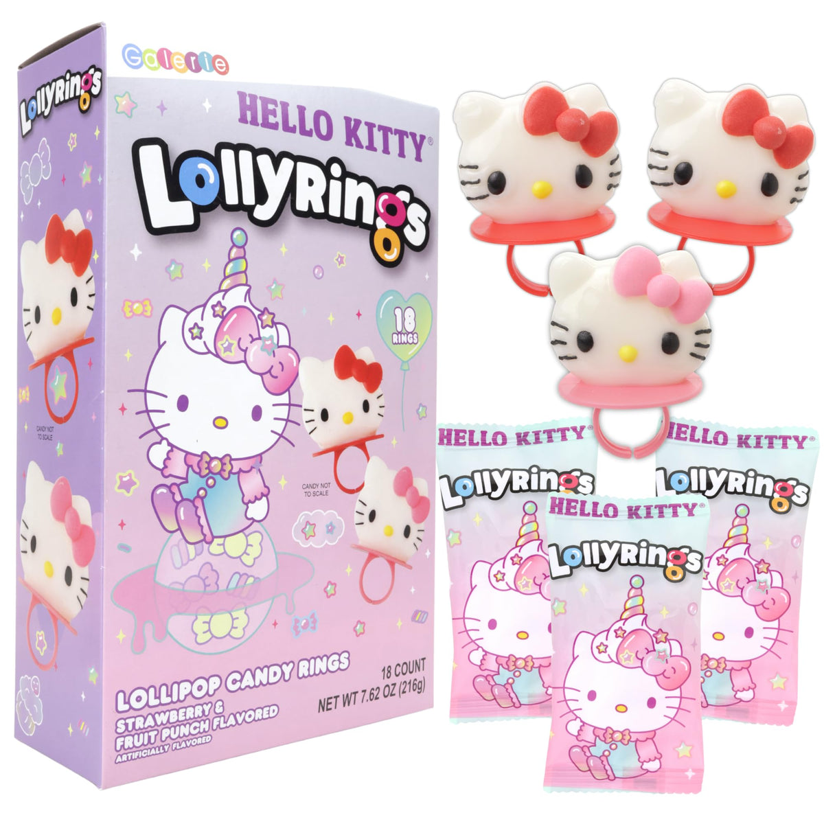 Galerie Hello Kitty lollipop rings close-up highlighting strawberry and fruit punch flavors