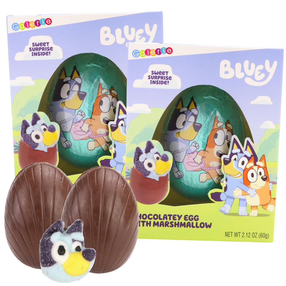 Galerie milk chocolatey bluey egg with marshmallow inside, ideal Easter basket candy.