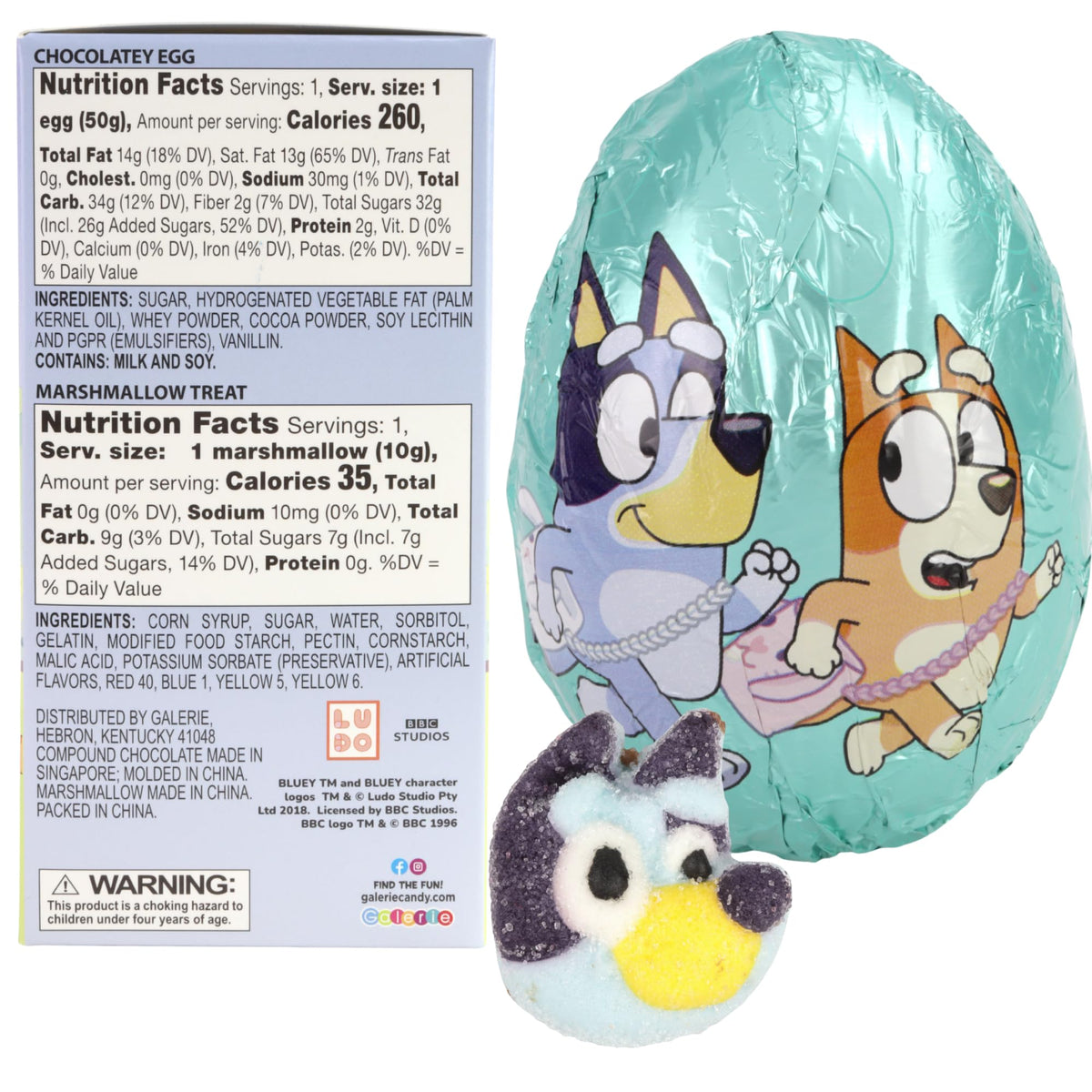 Galerie two-pack Easter chocolate eggs featuring hollow shells and Bluey marshmallow surprise.