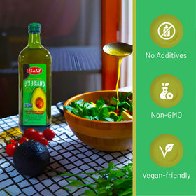 Galil Avocado Oil bottle label close-up emphasizing 100% pure avocado oil and non-additive purity.