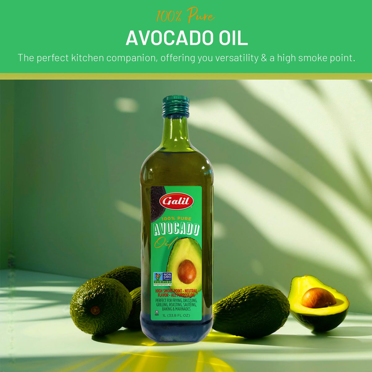 Galil Avocado Oil high-heat cooking close-up capturing point of smoke point up to 500°F.