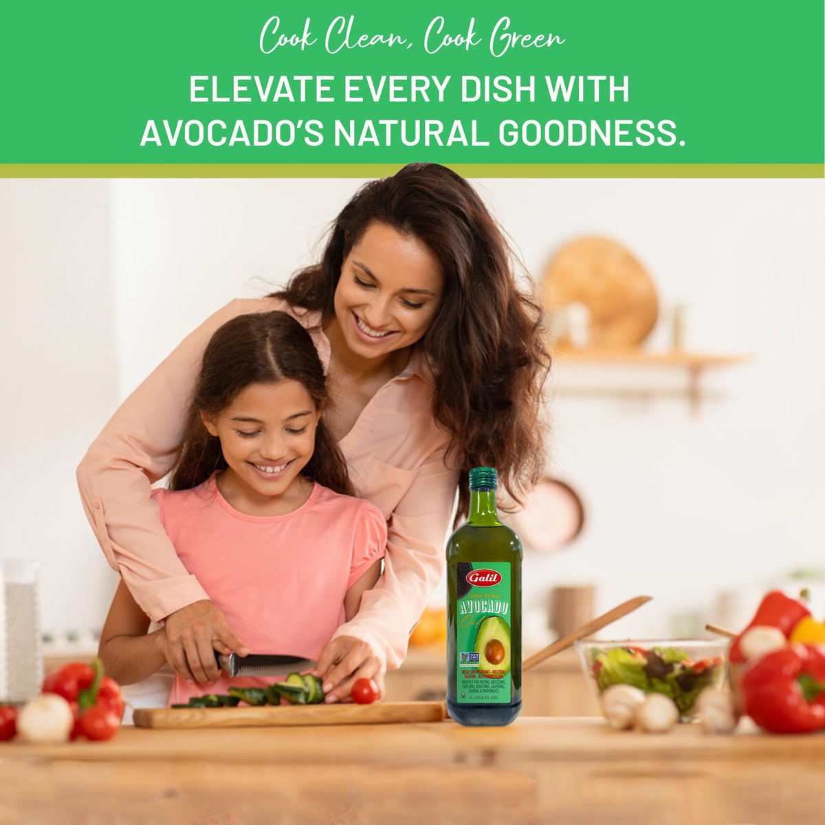 Galil Avocado Oil kitchen setup with 1L bottle ready for everyday cooking.