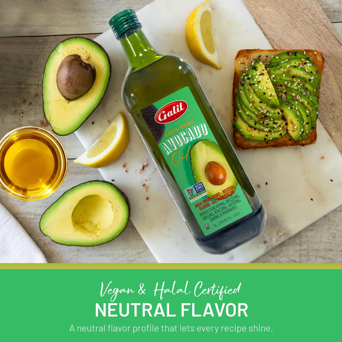 Galil Avocado Oil on salad dressing image showcasing versatile finishing oil for freshness.