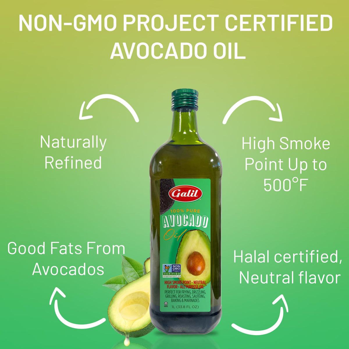 Galil Avocado Oil tinted glass bottle protected from light highlighting long-lasting flavor.