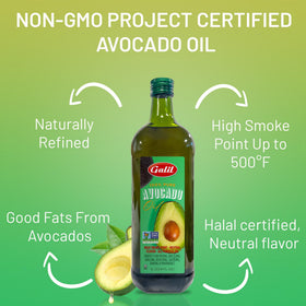 Galil Avocado Oil tinted glass bottle protected from light highlighting long-lasting flavor.