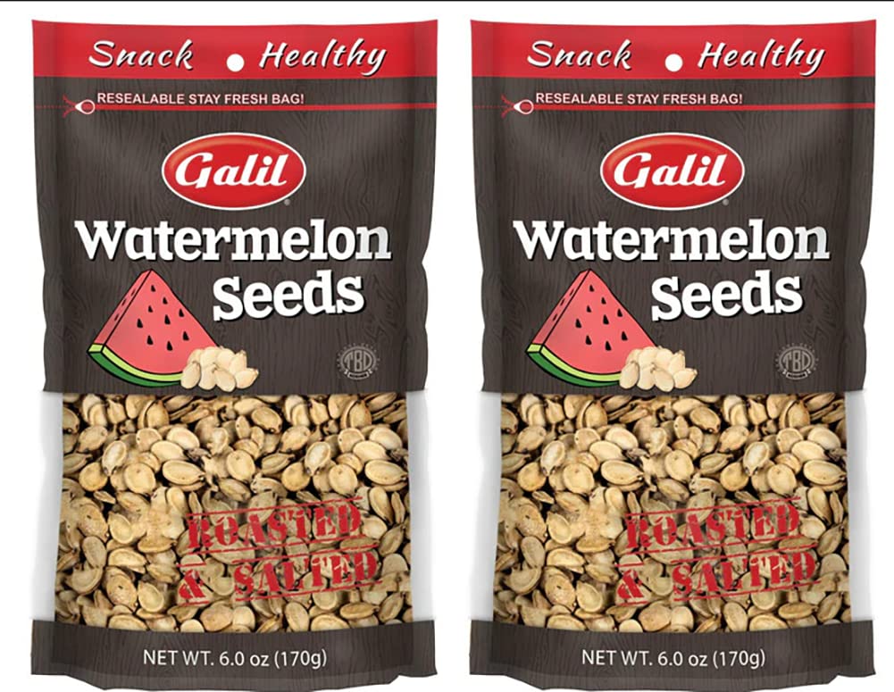 Galil Watermelon Seeds packaging shown; resealable bag preserves freshness for on-the-go snacking.