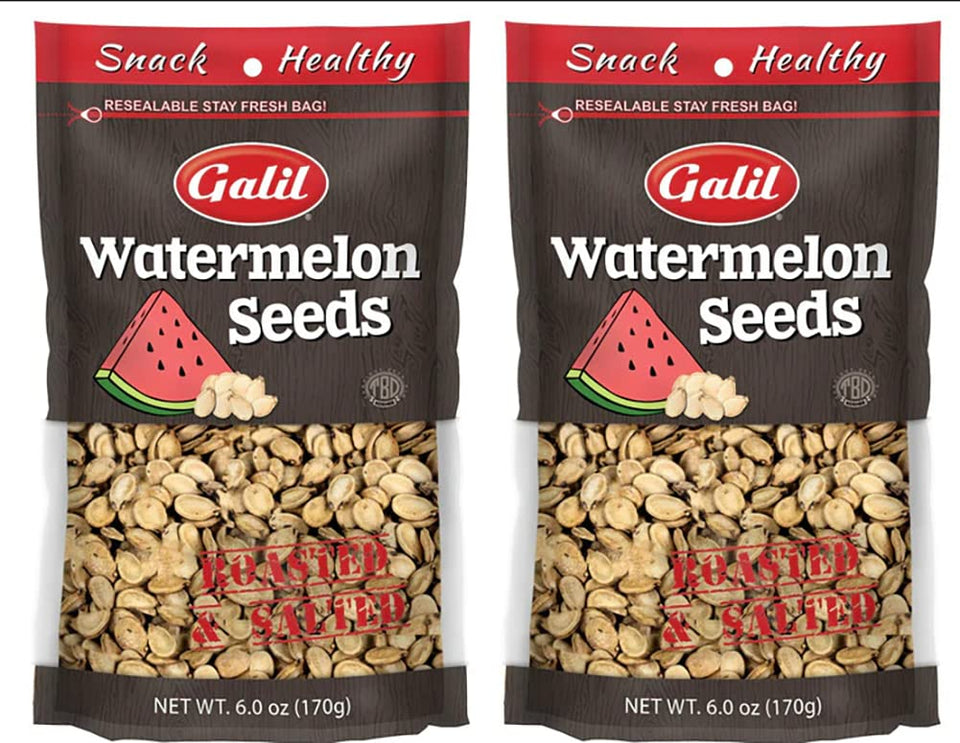 Galil Watermelon Seeds packaging shown; resealable bag preserves freshness for on-the-go snacking.