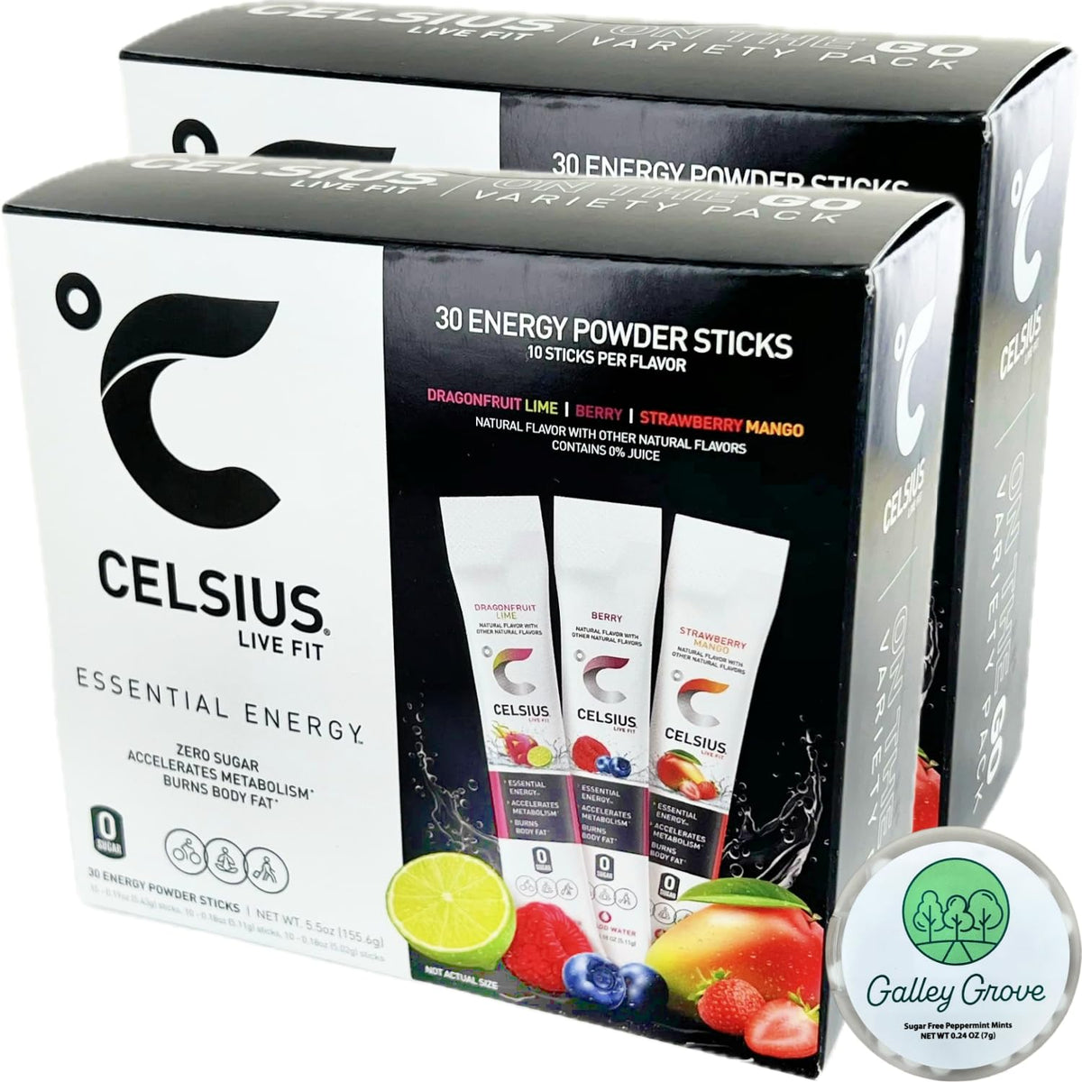 Galley Grove Celsius dragonfruit-lime single-serve packet for on-the-go energy.