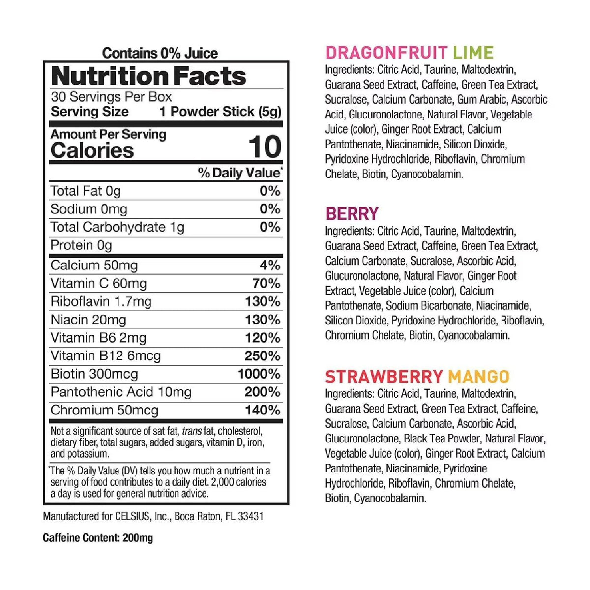 Galley Grove Celsius strawberry-mango single-serve packet during workouts.