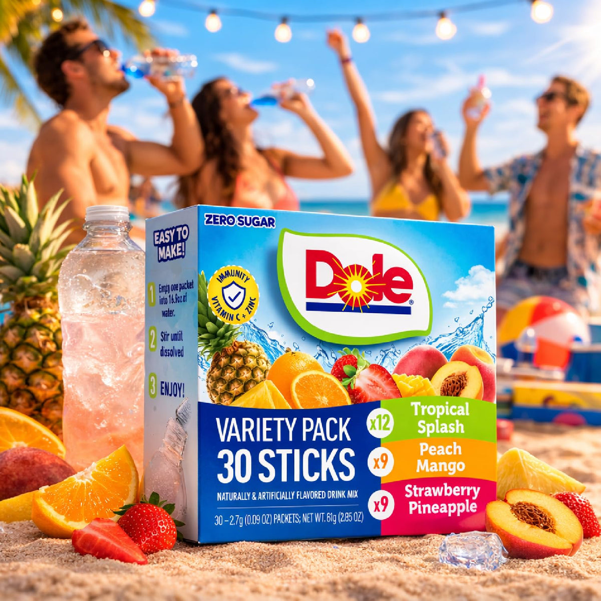 Galley Grove Dole sugar-free packets dissolve easily in water for daily use