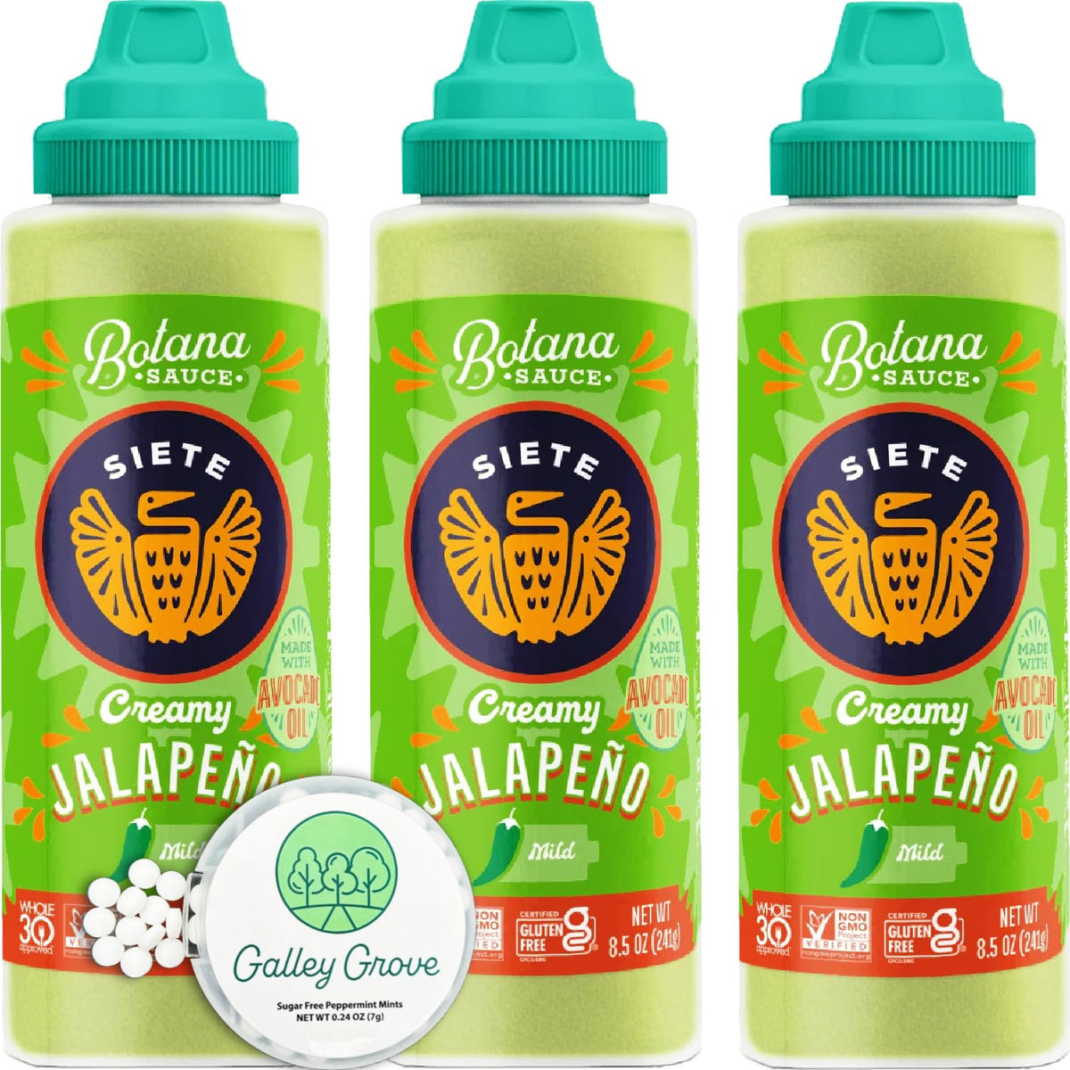 Galley Grove Siete creamy jalapeño sauce bottle ready to pour, ideal for tacos and dips.